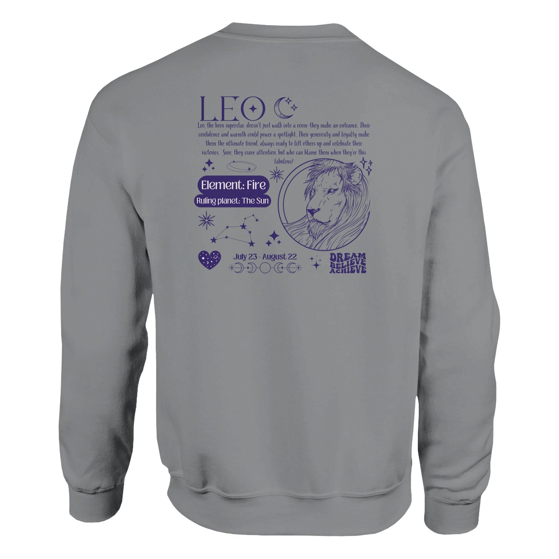 Back of sport grey retro-style sweatshirt with Leo design featuring Leo symbol, lion illustration, element fire, ruling planet sun, and Leo traits.