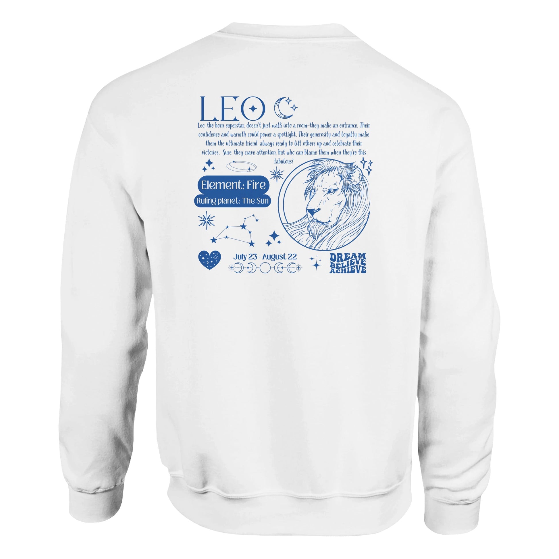 Back of white retro-style sweatshirt with Leo design featuring Leo symbol, lion illustration, element fire, ruling planet sun, and Leo traits.