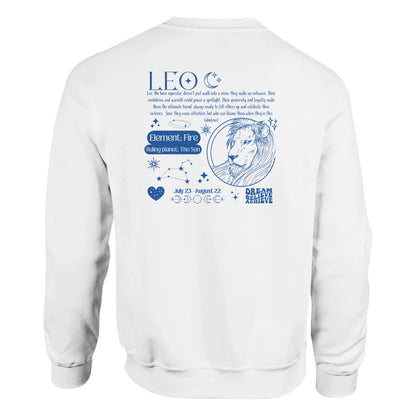 Back of white retro-style sweatshirt with Leo design featuring Leo symbol, lion illustration, element fire, ruling planet sun, and Leo traits.