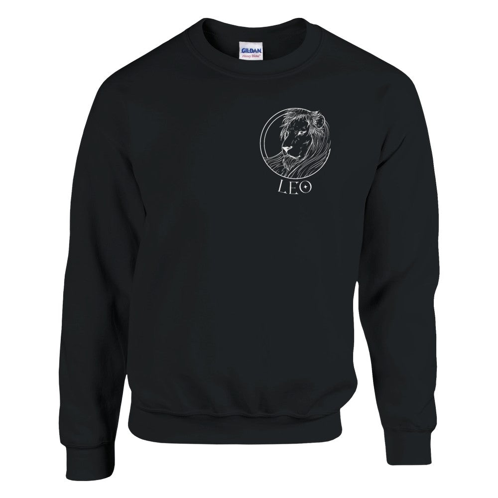 Front of black retro-style Leo sweatshirt with white lion illustration and Leo text.