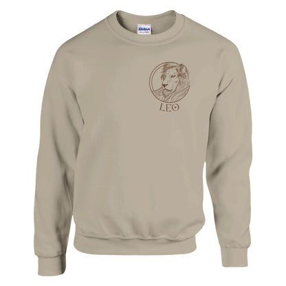 Front of sand retro-style Leo sweatshirt with brown lion illustration and Leo text.