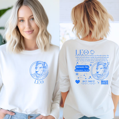 Back of white retro-style sweatshirt with Leo design featuring Leo symbol, lion illustration, element fire, ruling planet sun, and Leo traits.