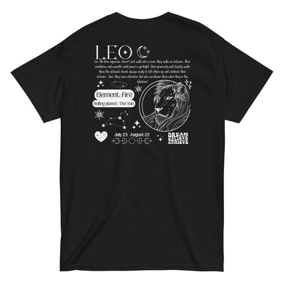 Back of black retro-style Leo t-shirt with white lion illustration, zodiac details, and Leo personality traits.