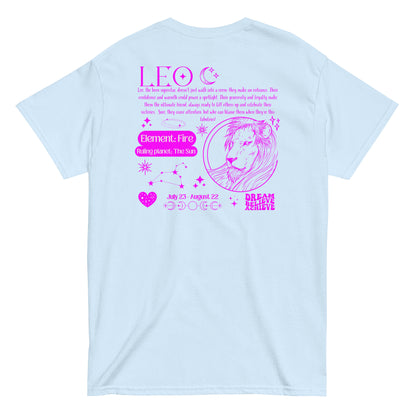 Back of light blue retro-style Leo t-shirt with pink lion illustration, zodiac details, and Leo personality traits.