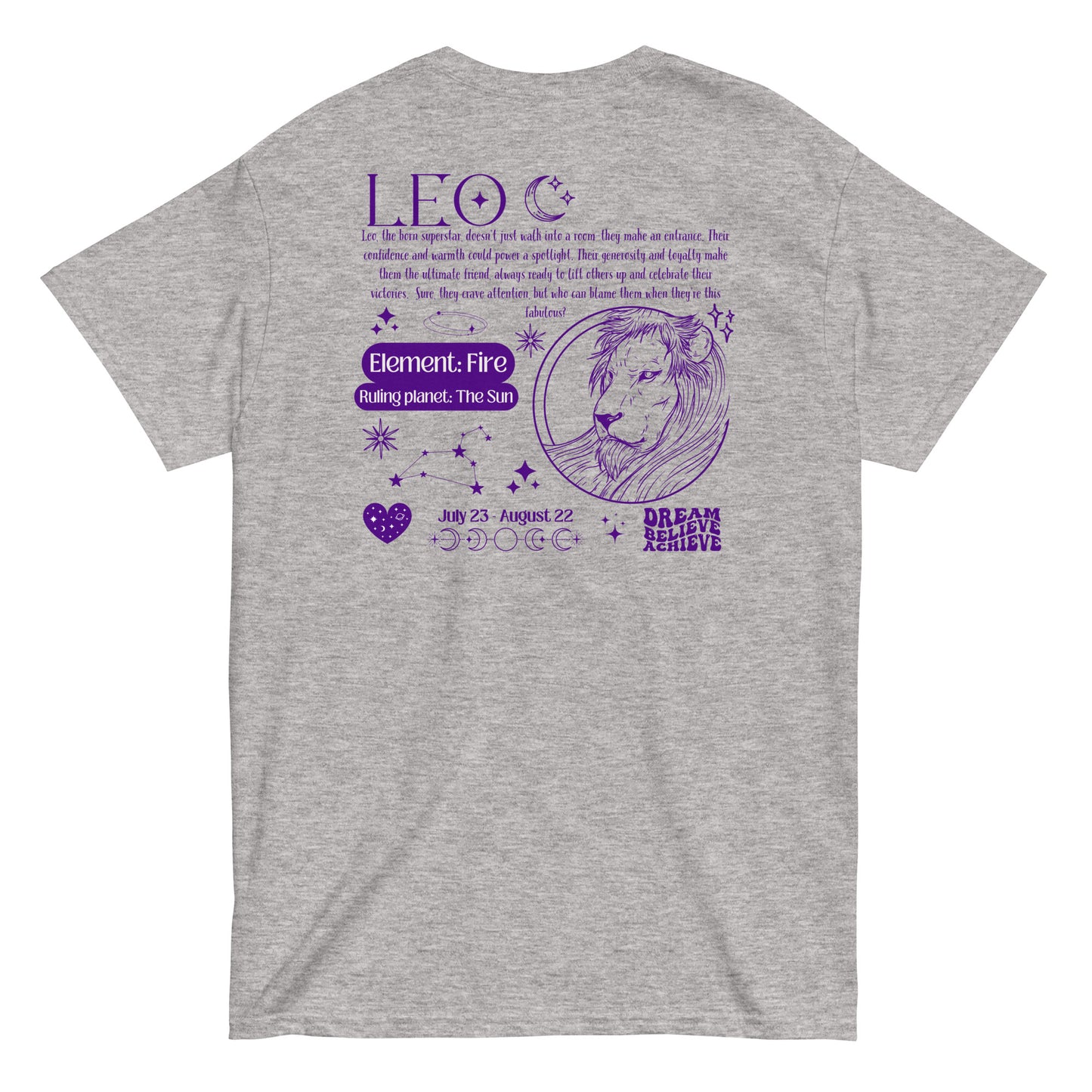 Back of sport grey retro-style Leo t-shirt with purple lion illustration, zodiac details, and Leo personality traits.