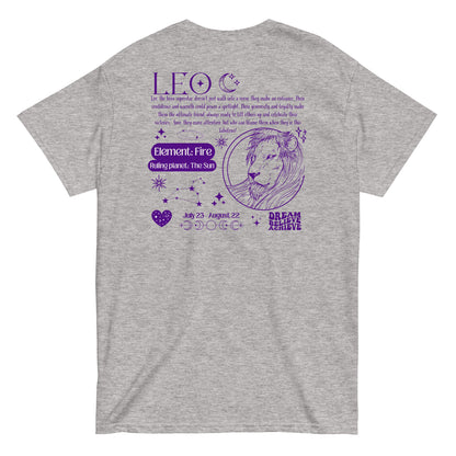 Back of sport grey retro-style Leo t-shirt with purple lion illustration, zodiac details, and Leo personality traits.