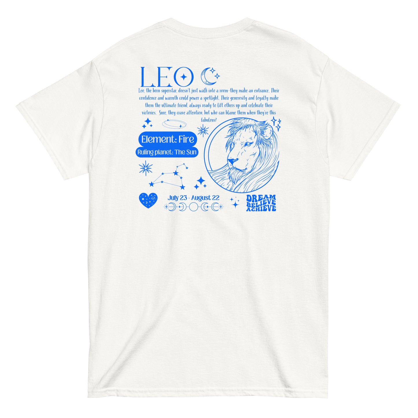 Back of white retro-style Leo t-shirt with blue lion illustration, zodiac details, and Leo personality traits.