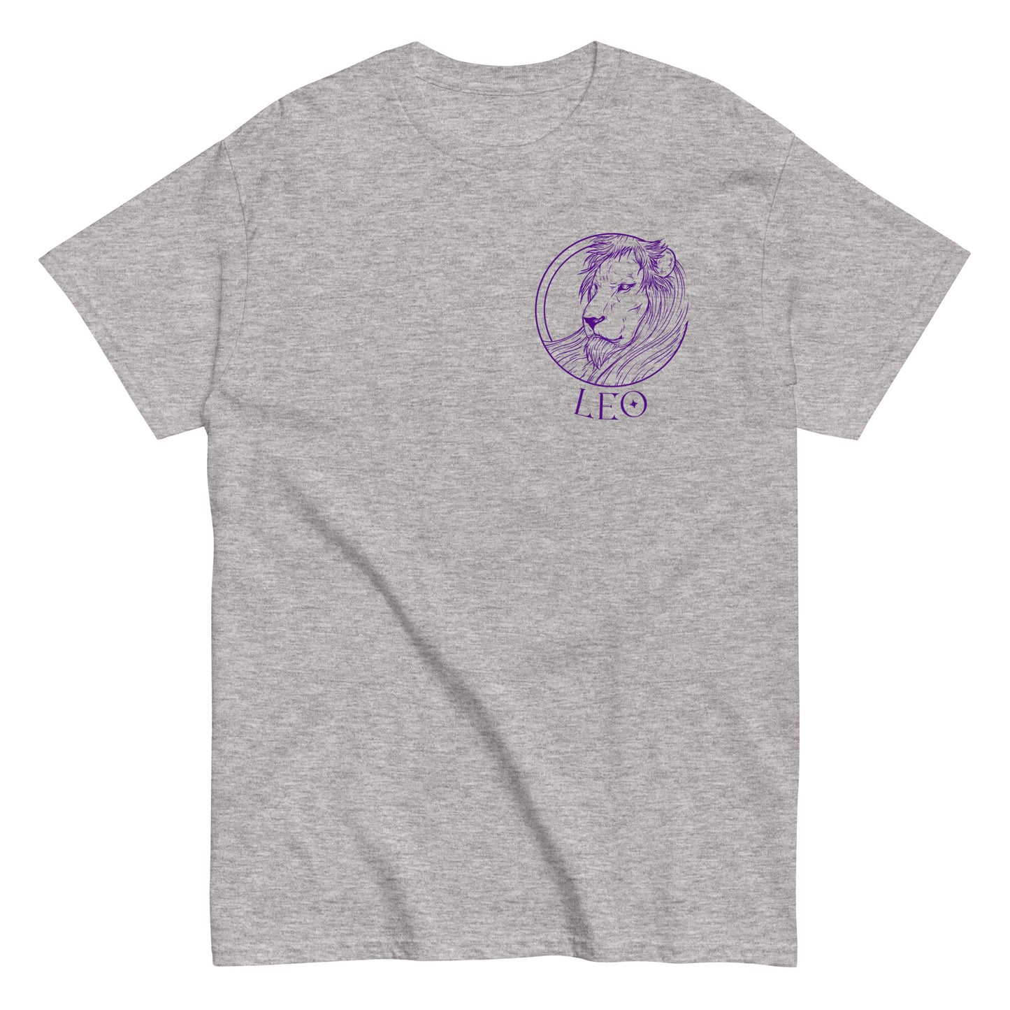 Front of sport grey retro-style Leo t-shirt with purple lion illustration and Leo text.