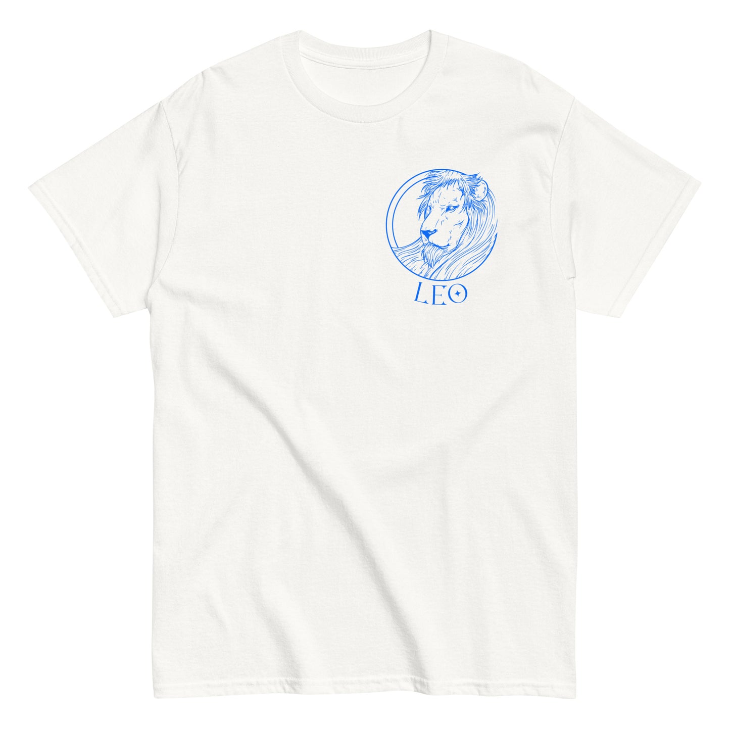 Front of white retro-style Leo t-shirt with blue lion illustration and Leo text.