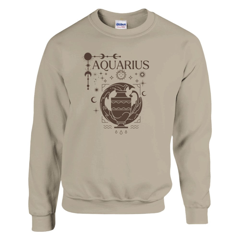 Sand Aquarius sweatshirt with brown Aquarius symbol, celestial decorations, and zodiac elements.