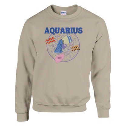 Sand Aquarius sweatshirt with colorful Aquarius symbol, zodiac wheel, and bold 'Aquarius' text.