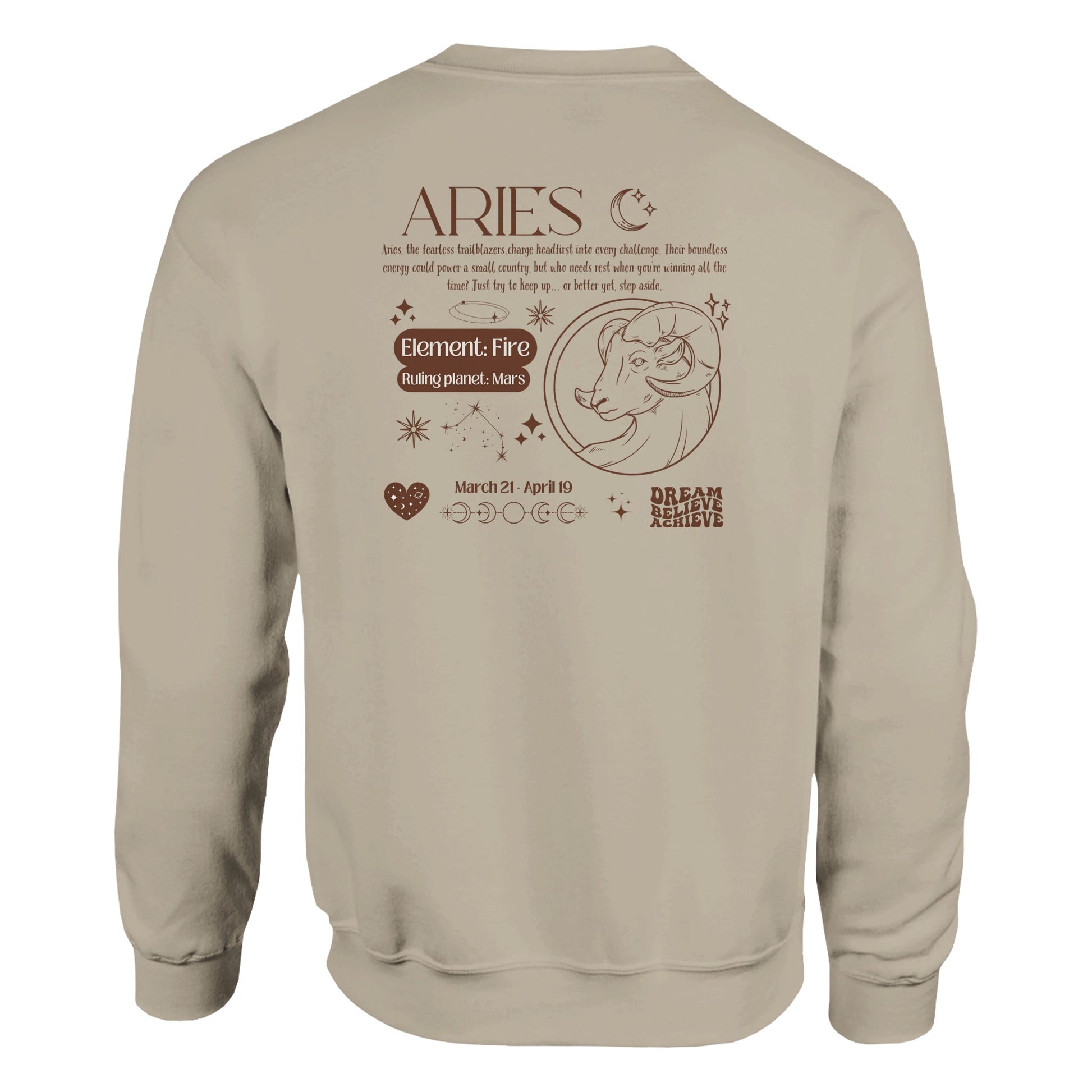 Sand Aries sweatshirt with brown zodiac design on back, featuring Aries ram symbol, Fire element, Mars ruling planet, and inspirational text.