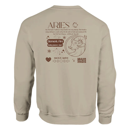 Sand Aries sweatshirt with brown zodiac design on back, featuring Aries ram symbol, Fire element, Mars ruling planet, and inspirational text.