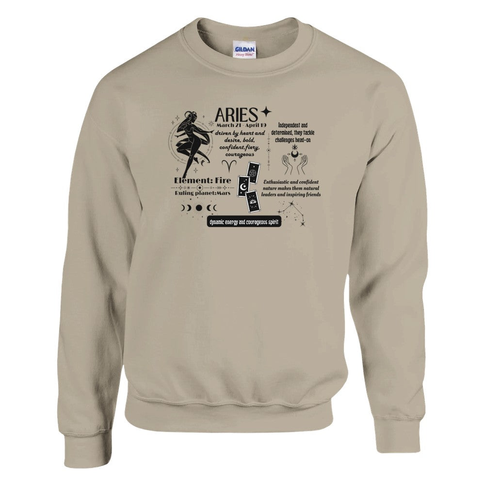 Sand Aries sweatshirt with black zodiac-themed design, featuring Aries traits, Fire element, Mars ruling planet, and symbolic graphics.