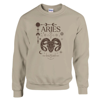 Sand Aries sweatshirt with brown Aries symbol, zodiac signs, and celestial details.