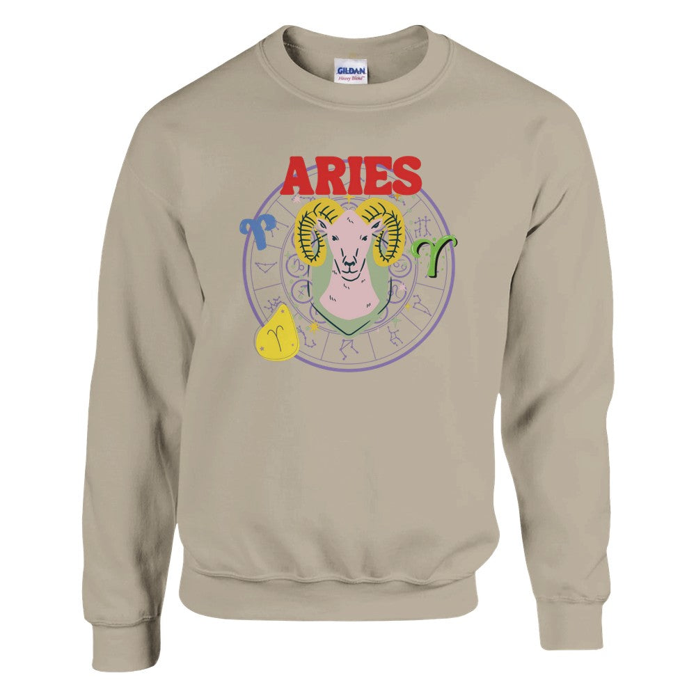 Sand Aries sweatshirt featuring colorful ram illustration with zodiac symbols and bold red 'Aries' text.