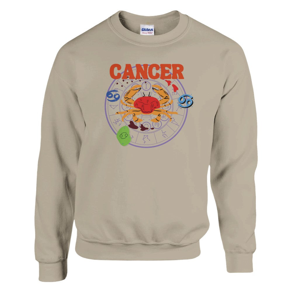 Front of sand Cancer-themed sweatshirt with a colorful crab illustration and zodiac symbols in retro style.