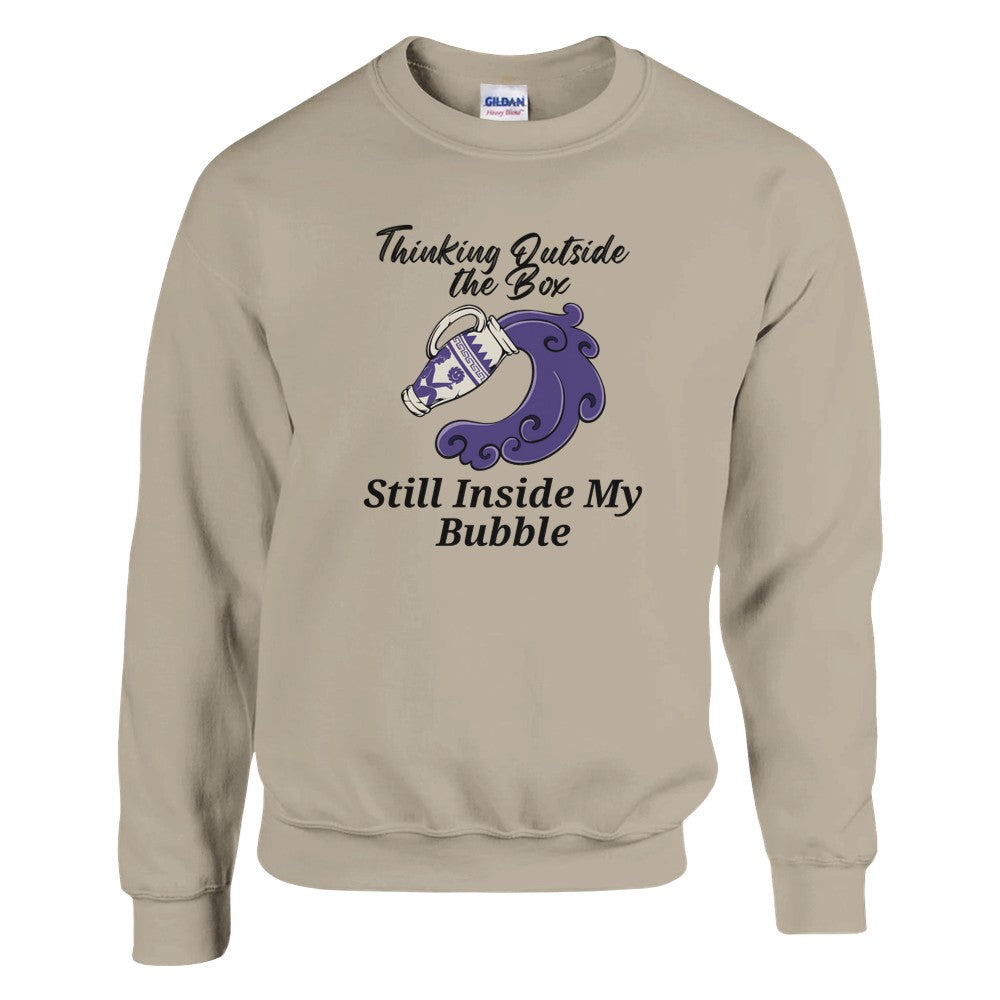 Sand sweatshirt with 'Thinking Outside the Box, Still Inside My Bubble' text and purple Aquarius-themed illustration.