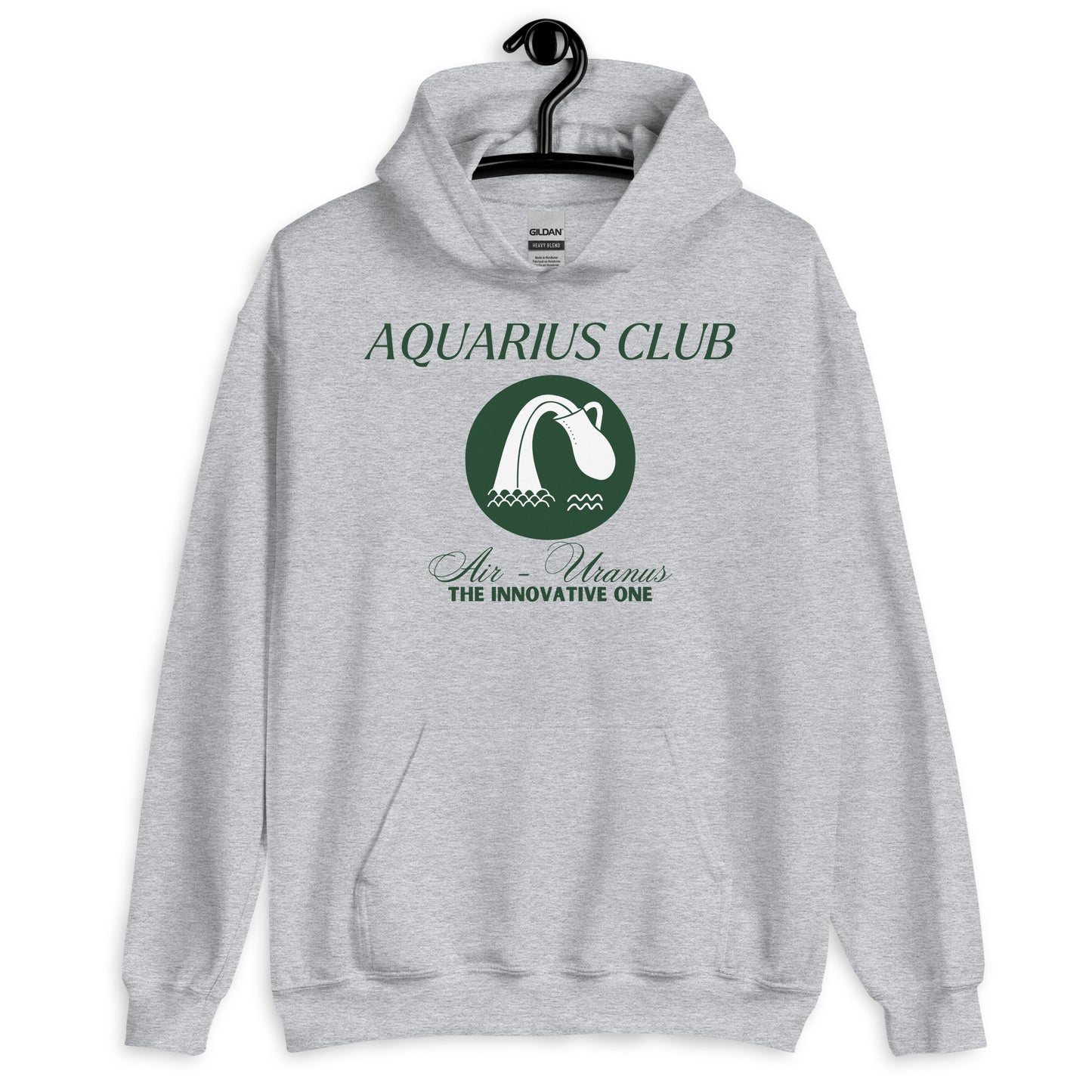 Sport grey Aquarius Club hoodie featuring a minimalist design of the Aquarius symbol with text 'Air - Uranus, The Innovative One' in a retro-inspired style.