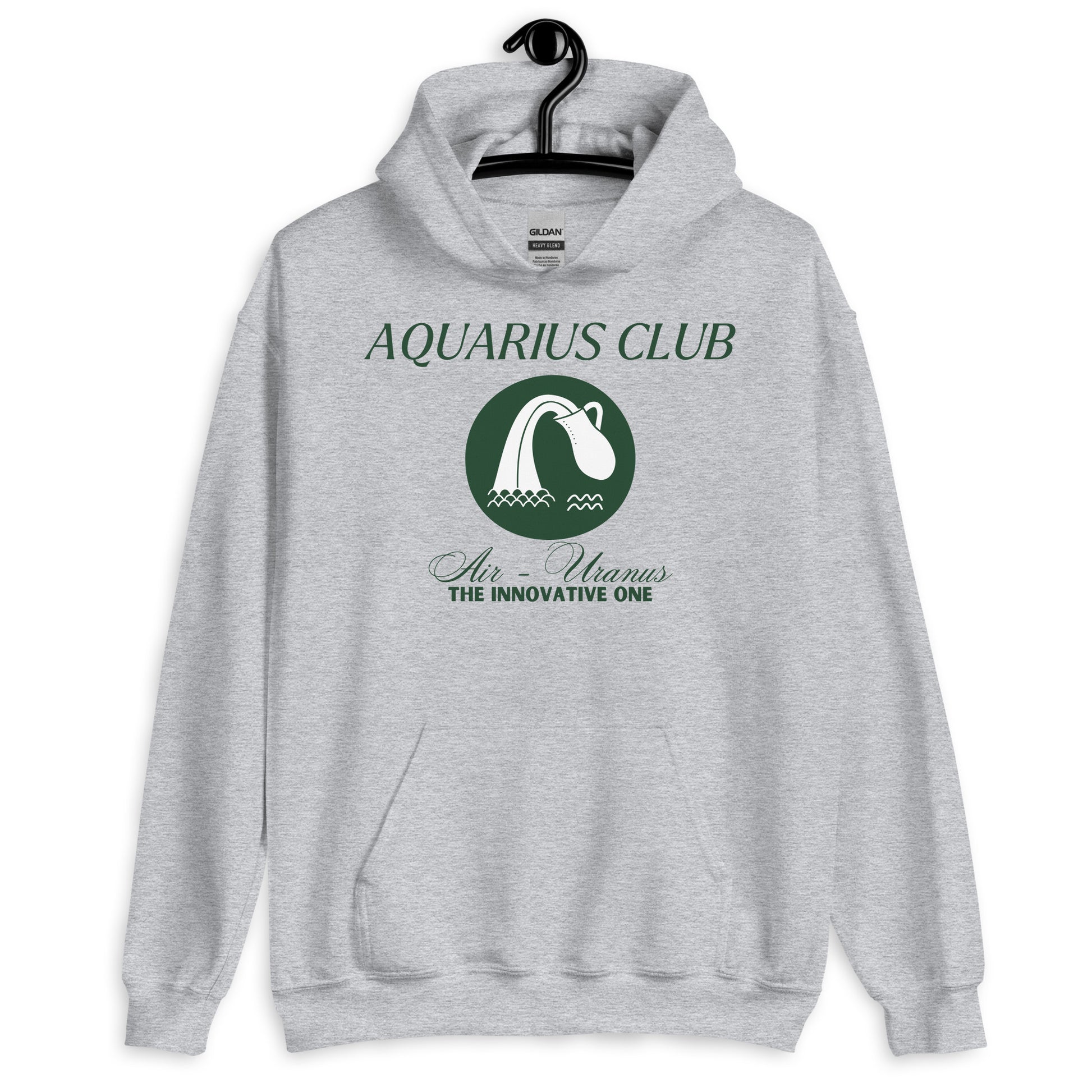 Sport grey Aquarius Club hoodie featuring a minimalist design of the Aquarius symbol with text 'Air - Uranus, The Innovative One' in a retro-inspired style.