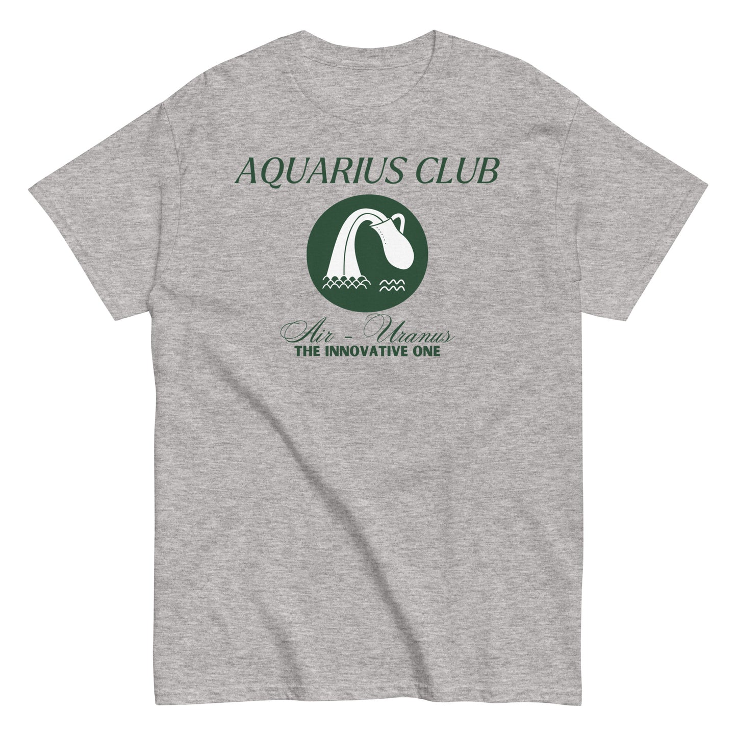 Sport Grey Aquarius Club t-shirt with green Aquarius symbol, Air element, Uranus ruling planet, and 'The Innovative One' text.