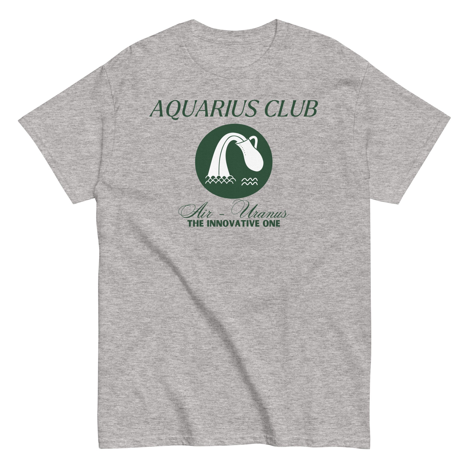 Sport Grey Aquarius Club t-shirt with green Aquarius symbol, Air element, Uranus ruling planet, and 'The Innovative One' text.