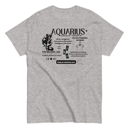 Sport grey t-shirt featuring an Aquarius-themed retro design. Includes the phrase 'Aquarius' with key Aquarius traits like 'clever,' 'innovative,' and 'free spirit,' along with symbols representing the Air element and ruling planet Uranus. Text emphasizes Aquarius’s friendly, independent, and humanitarian nature, complemented by a unique, celestial-inspired illustration.