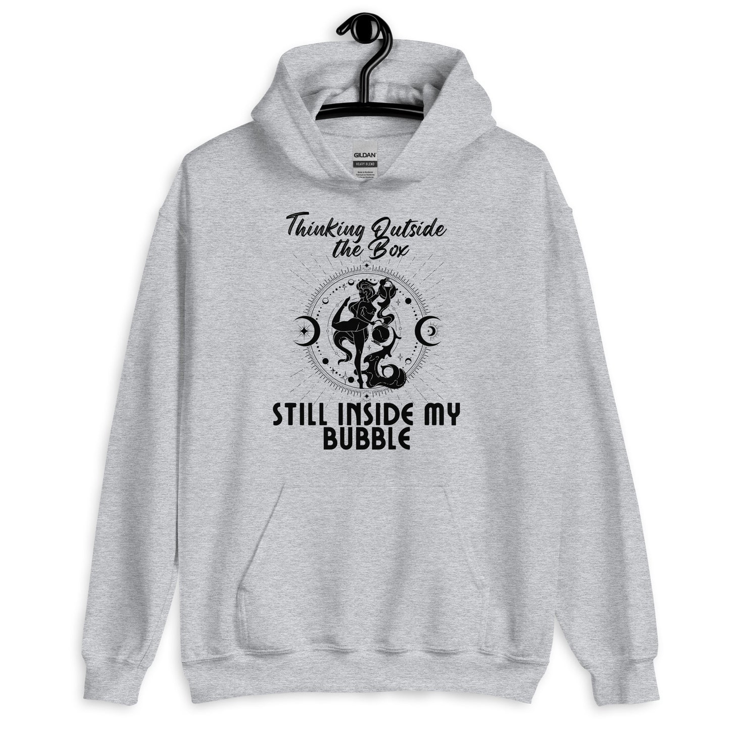 Sport grey Aquarius hoodie featuring 'Thinking Outside the Box, Still Inside My Bubble' text with retro-style Aquarius water-bearer illustration in black colour.