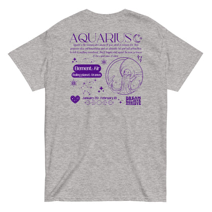 Back of sport grey Aquarius t-shirt with purple zodiac design, featuring Aquarius symbol, Air element, Uranus ruling planet, and inspirational text.