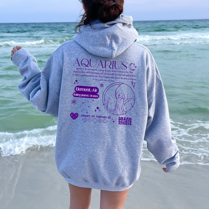 Back of sport grey Aquarius Y2K hoodie with purple retro zodiac design, featuring Aquarius symbol, Air element, Uranus ruling planet, and inspirational text.