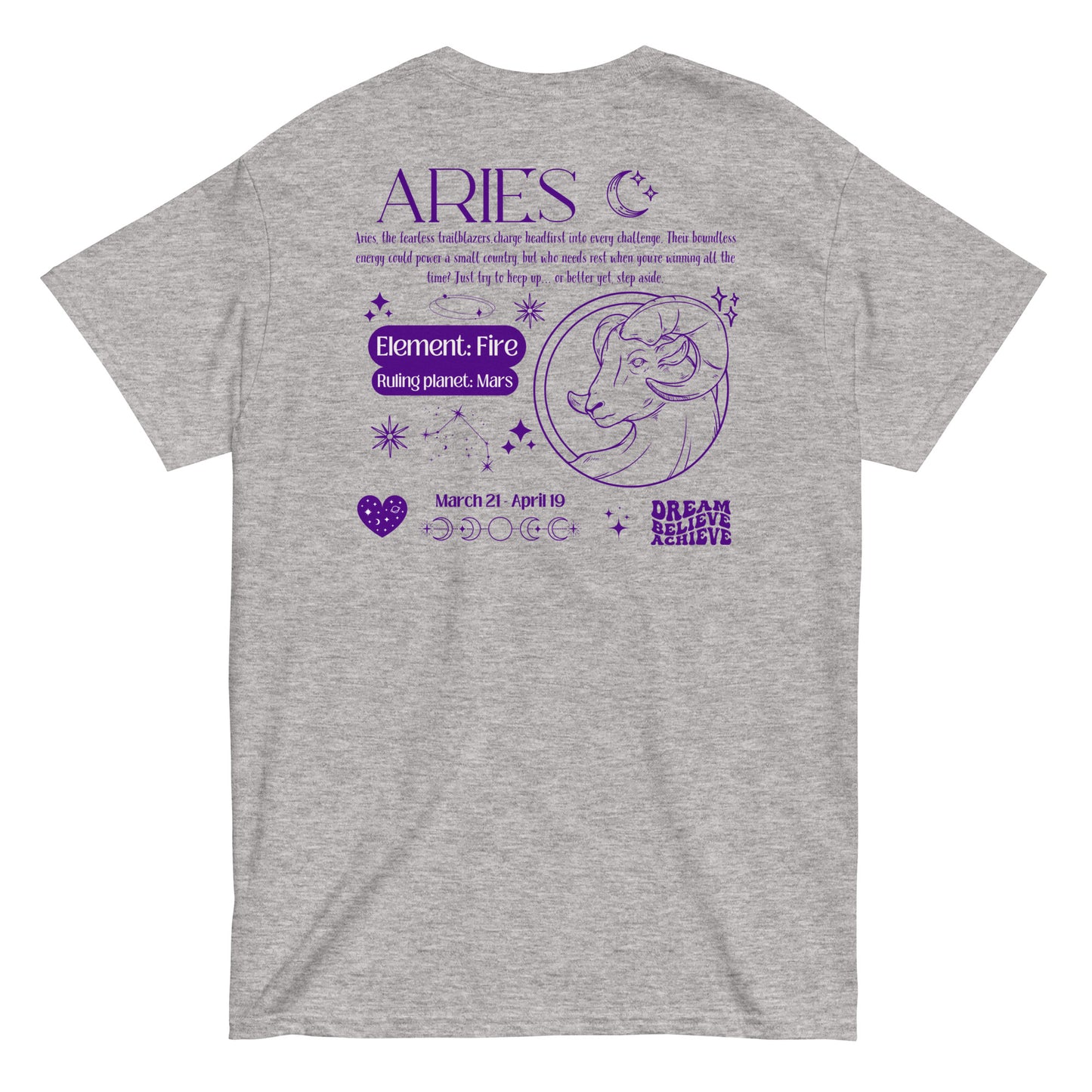 Back of sport grey Aries t-shirt with purple zodiac-themed design, featuring Aries symbol, Fire element, Mars ruling planet, and motivational text, retro inspired by the 2000s.