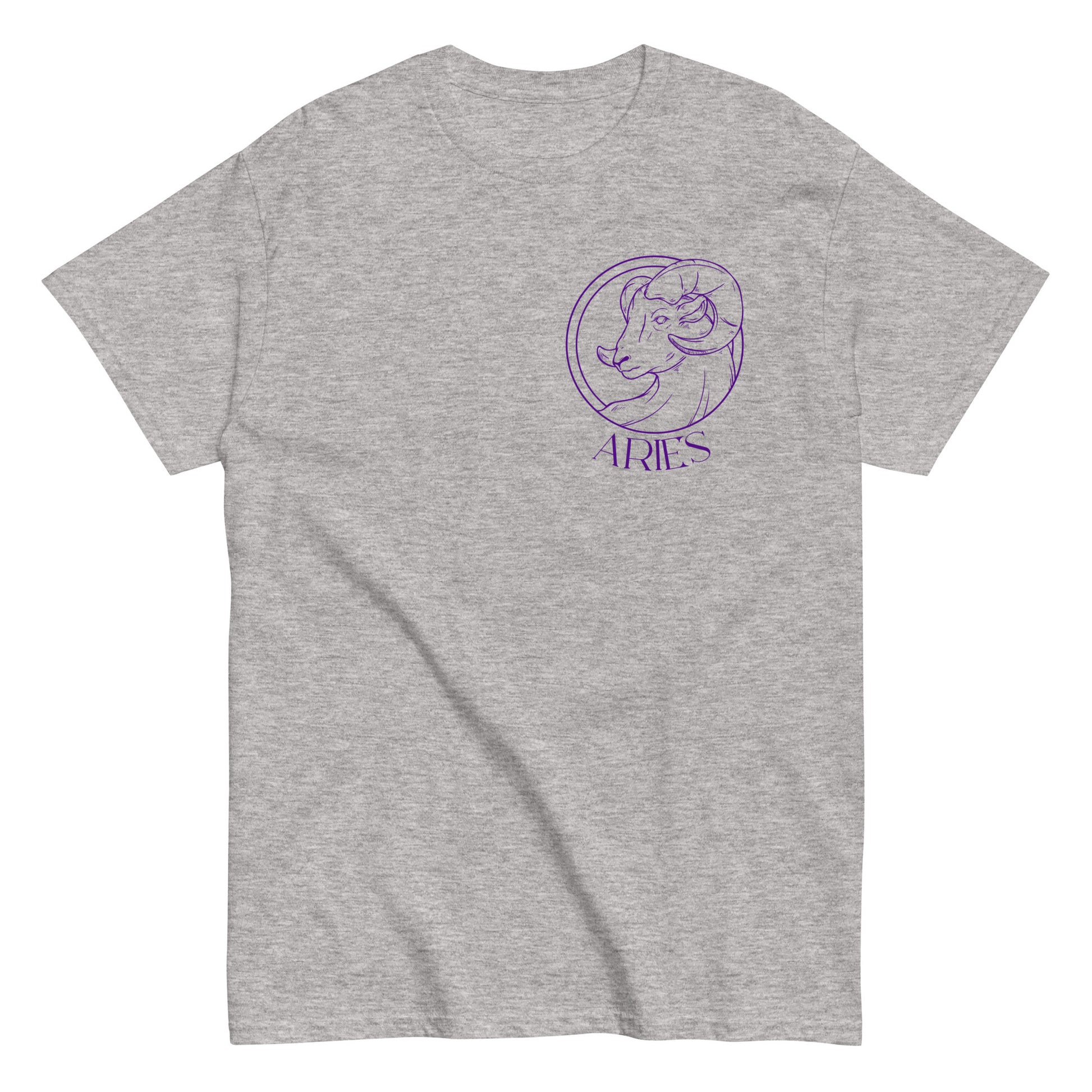 Front of sport grey Aries t-shirt with white Aries symbol and zodiac design.