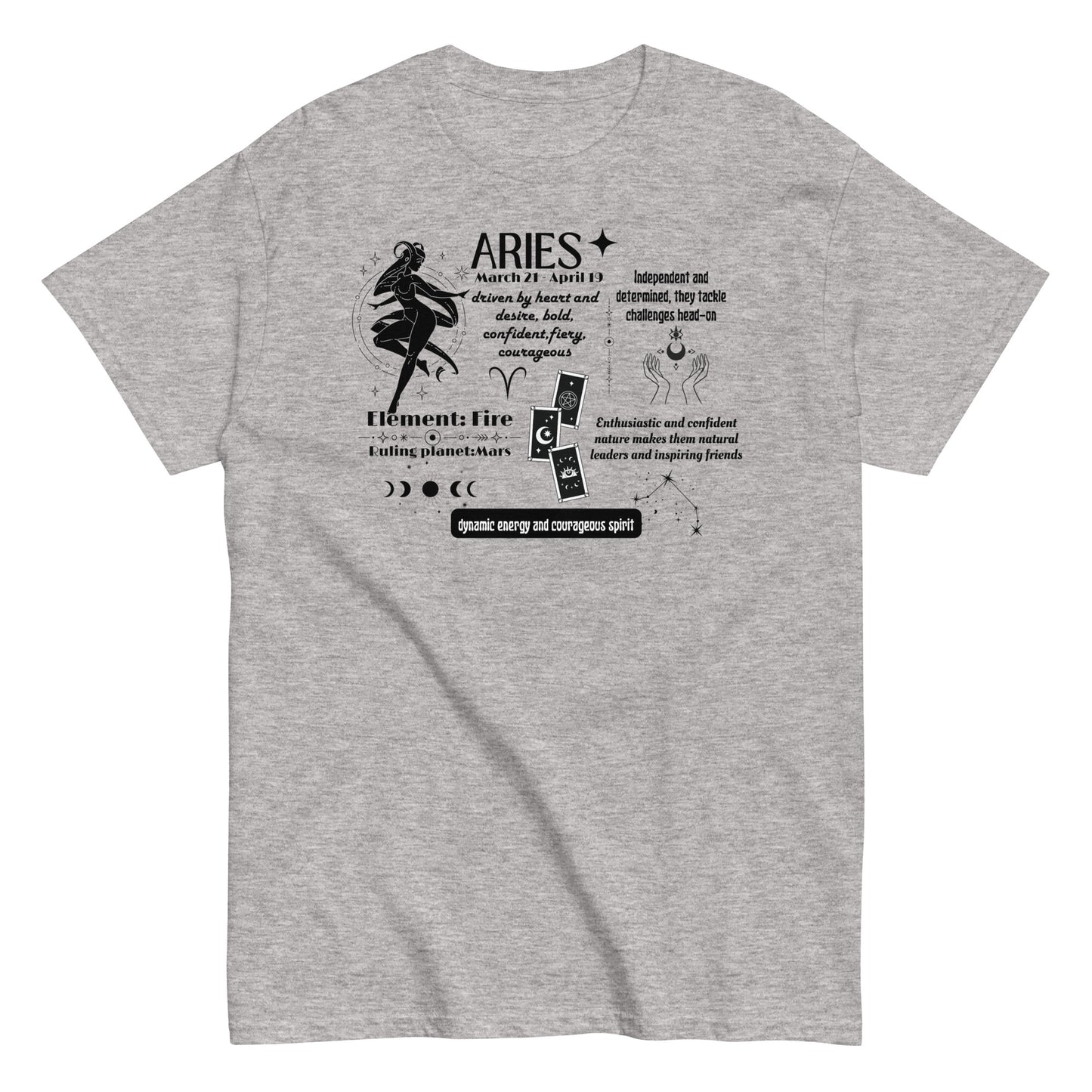 Sport grey Aries t-shirt with black zodiac-themed design, featuring Aries traits, Fire element, Mars ruling planet, and symbolic graphics.