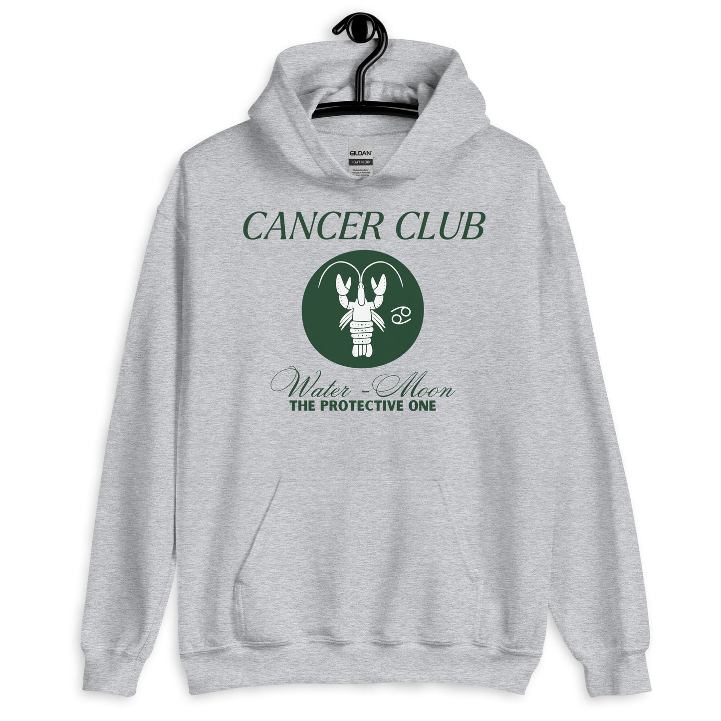 Sport grey hoodie with a 'Cancer Club' design featuring a green, minimalist depiction of a lobster in a circular emblem. Text below reads 'Water - Moon' and 'The Protective One,' emphasizing Cancer's astrological traits. The hoodie has a casual and modern design, ideal for those identifying with the Cancer zodiac sign.