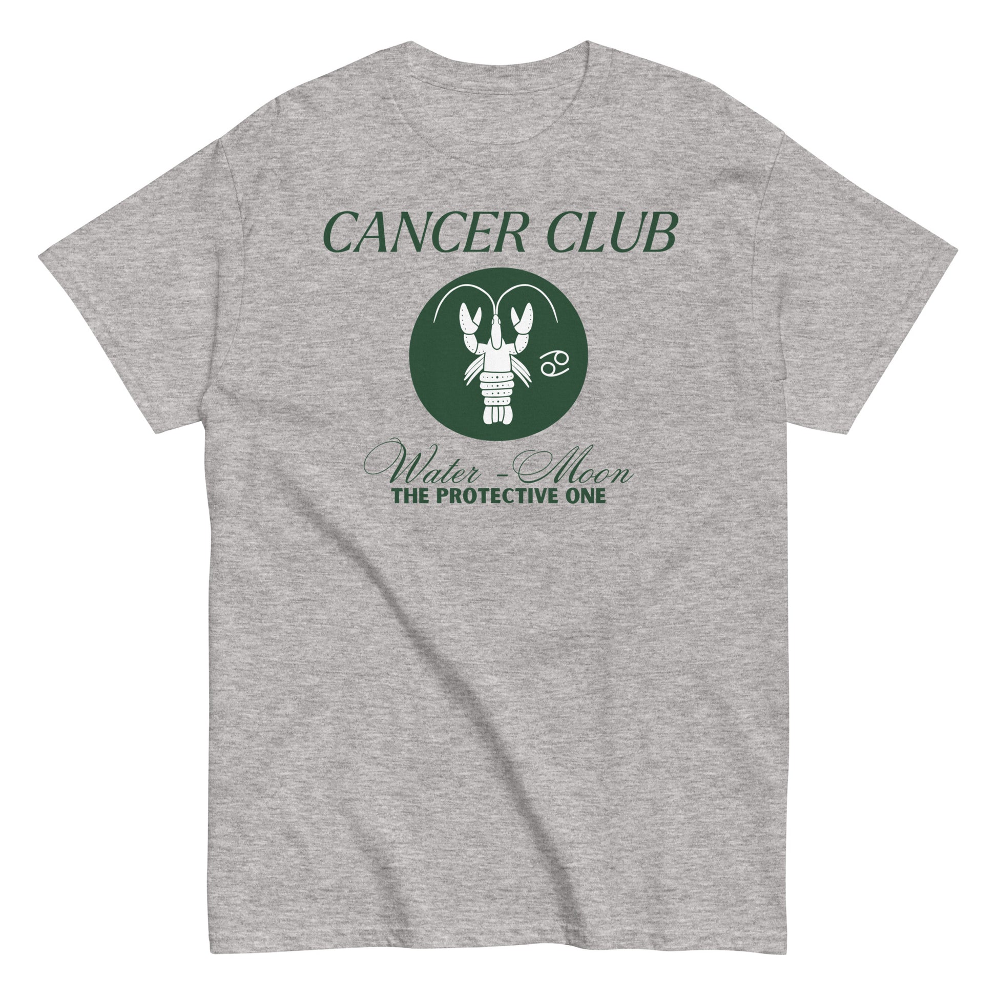 Sport grey t-shirt with a Cancer zodiac-themed design labeled 'Cancer Club.' The center features a green lobster illustration with the words 'Water - Moon' and 'The Protective One' beneath, symbolizing the Cancer zodiac sign with its water element and association with the moon.