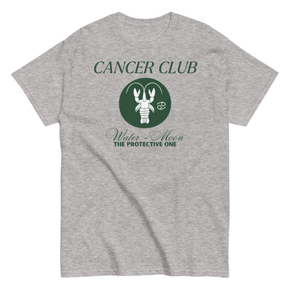 Sport grey t-shirt with a Cancer zodiac-themed design labeled 'Cancer Club.' The center features a green lobster illustration with the words 'Water - Moon' and 'The Protective One' beneath, symbolizing the Cancer zodiac sign with its water element and association with the moon.