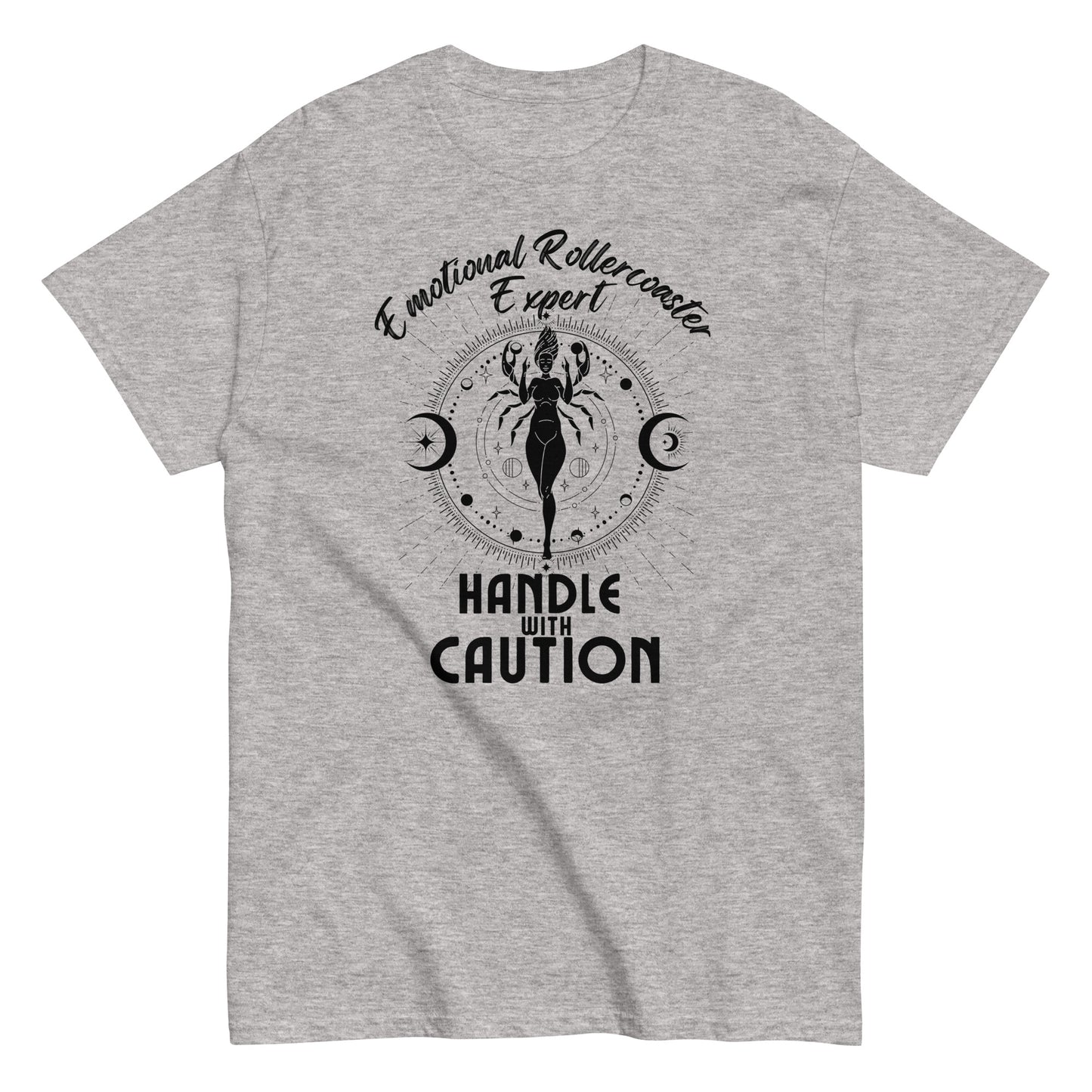 Sport grey t-shirt featuring a Cancer zodiac-themed design with the phrase 'Emotional Rollercoaster Expert' at the top and 'Handle With Caution' at the bottom. The central illustration displays a stylized figure in a mystical design surrounded by celestial symbols, including moons, against a radiant, detailed backdrop in black.