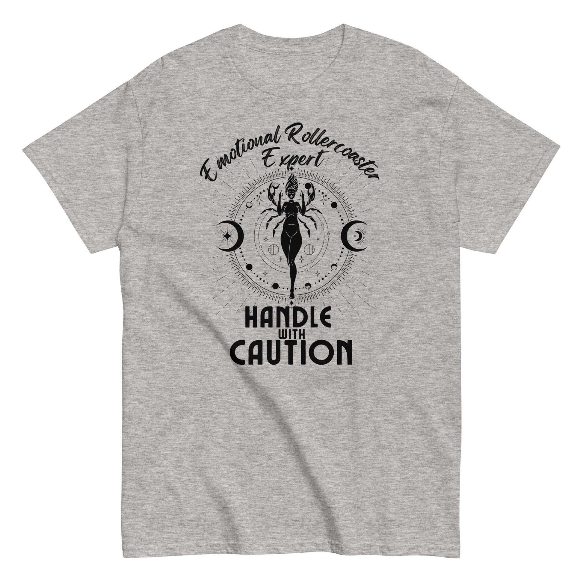 Sport grey t-shirt featuring a Cancer zodiac-themed design with the phrase 'Emotional Rollercoaster Expert' at the top and 'Handle With Caution' at the bottom. The central illustration displays a stylized figure in a mystical design surrounded by celestial symbols, including moons, against a radiant, detailed backdrop in black.