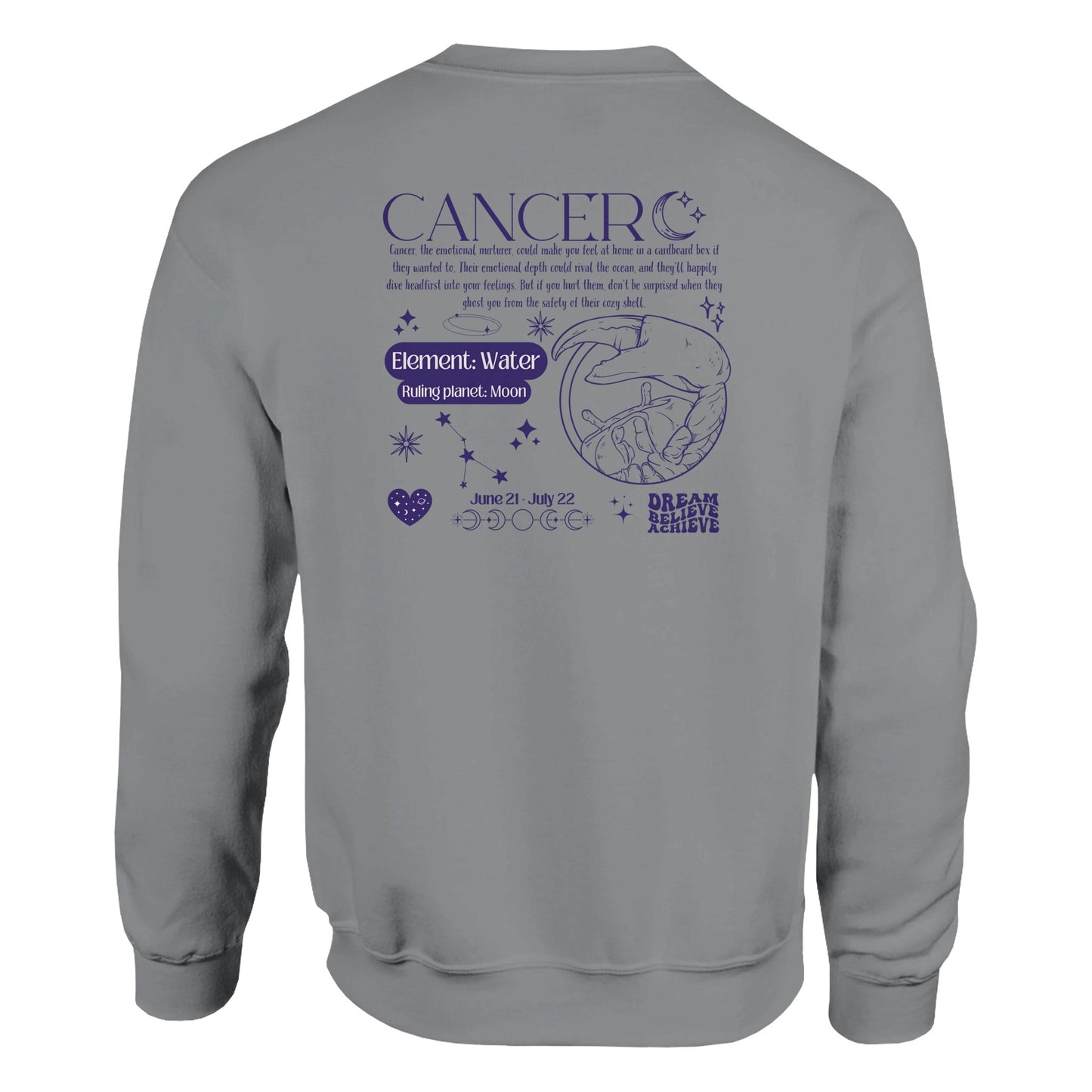 Back of sport grey Cancer-themed sweatshirt featuring a retro zodiac design in purple, with Cancer symbol, element water, ruling planet moon, and a nurturing personality description.