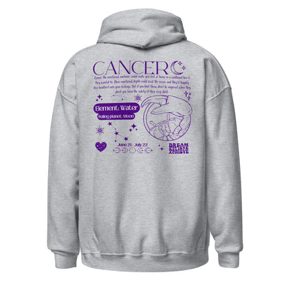 Back of sport grey Cancer hoodie with purple zodiac design, featuring the Cancer symbol, ruling planet Moon, water element, and descriptive traits for Cancer zodiac personality.