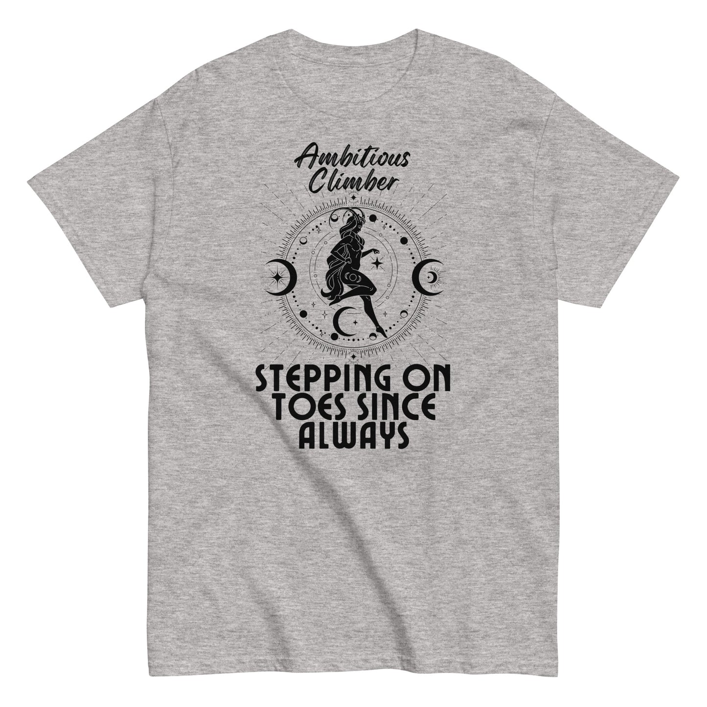 Front of sport grey Capricorn-themed t-shirt with 'Ambitious Climber' text, illustration of Capricorn symbol, and phrase 'Stepping on Toes Since Always.