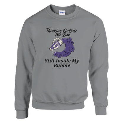 Sport grey sweatshirt with 'Thinking Outside the Box, Still Inside My Bubble' text and purple Aquarius-themed illustration.