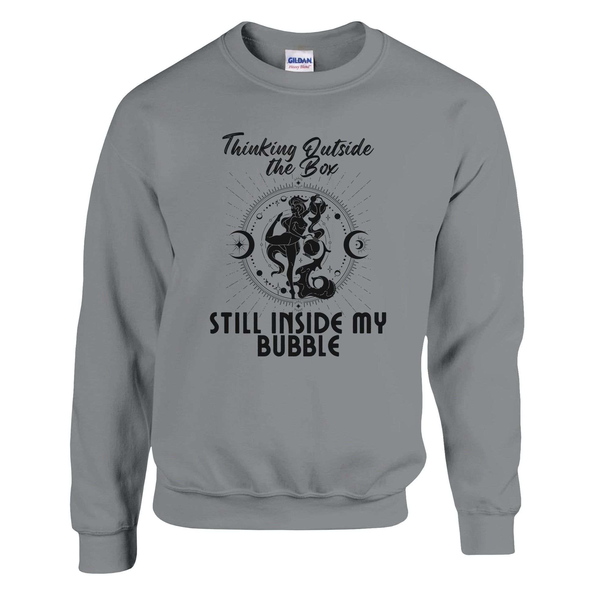 Sport grey sweatshirt with 'Thinking Outside the Box, Still Inside My Bubble' text and black celestial-themed illustration.