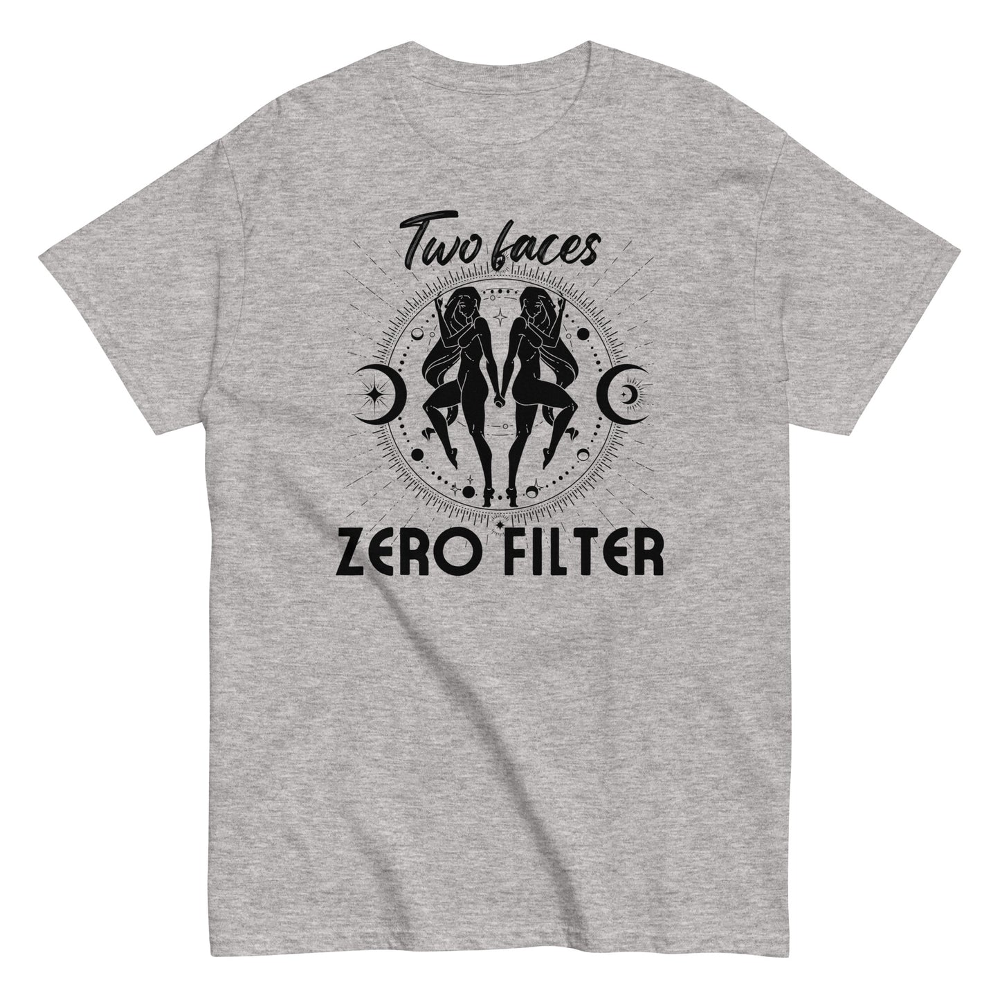 Gemini "Two Faces, Zero Filter" T-Shirt – Bold Astrology Tee