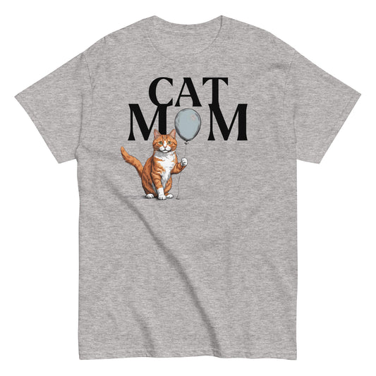 Cat Mom T-Shirt with Ginger Tabby Cat and Balloon Design | Cat Lover Gift Tee