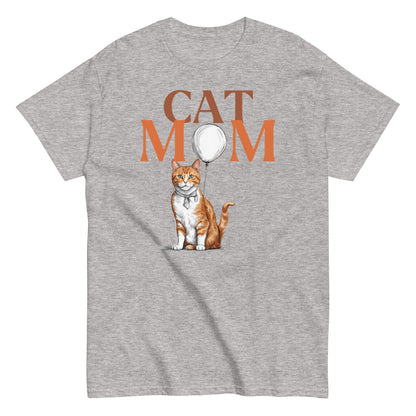 Cat Mom T-Shirt with Ginger Cat & Balloon Design | Cute Cat Lover Tee