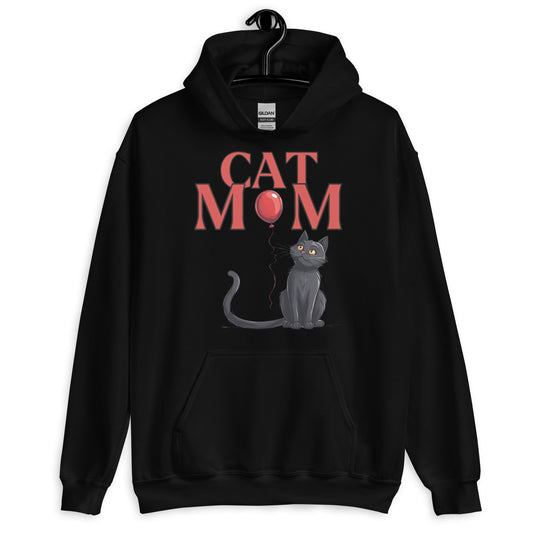 Cat Mom Hoodie with Black Cat and Balloon Design | Cozy and Stylish Cat Lover Sweatshirt