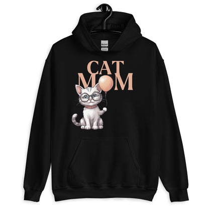 Cat Mom Hoodie with Cartoon Cat and Balloon Design | Cute Cat Lover Sweatshirt