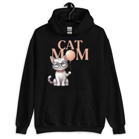 Cat Mom Hoodie with Cartoon Cat and Balloon Design | Cute Cat Lover Sweatshirt