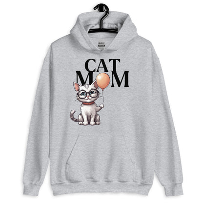 Cat Mom Hoodie with Cartoon Cat and Balloon Design | Cute Cat Lover Sweatshirt